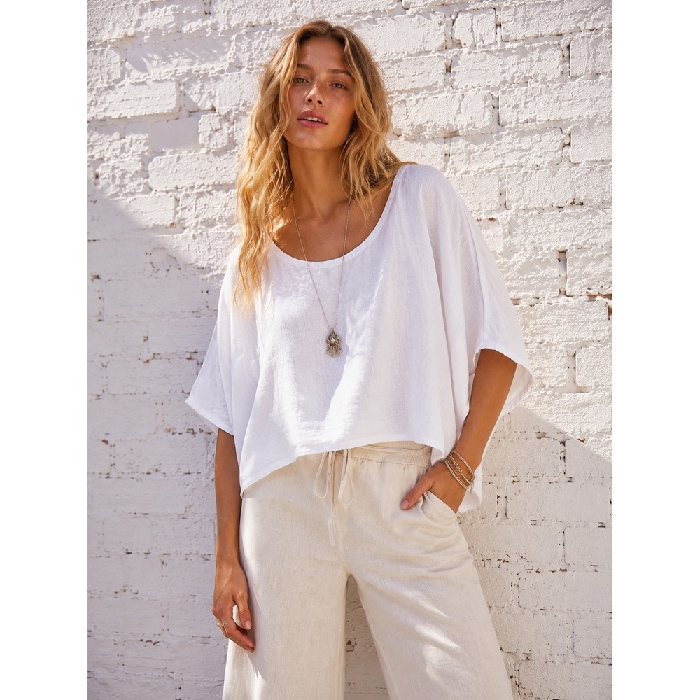 Sigrid Olsen White Linen Boxy Batwing Dolman Sleeve Top Coastal Minimalist L